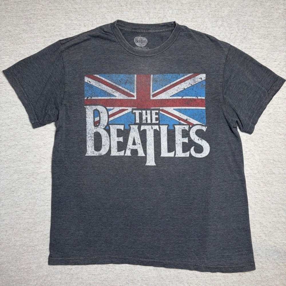 The Beatles Mens Tshirt Large Gray Union Jack Flag Graphic Band Tee 2014 Apple